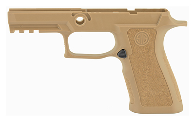 Tan polymer handgun frame with textured grip