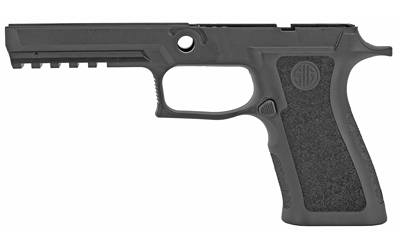 Black handgun frame with textured grip panel