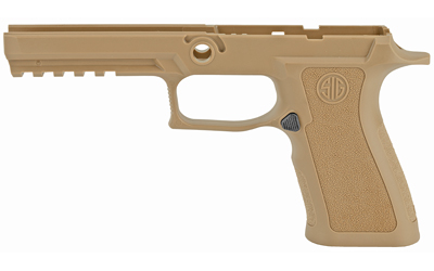 Tan polymer handgun frame on white background