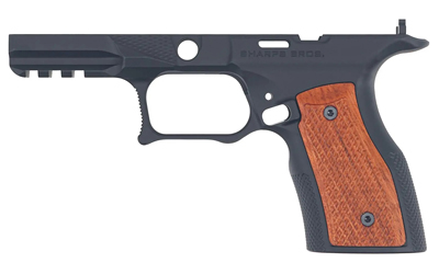 Black handgun frame with wooden grip panel