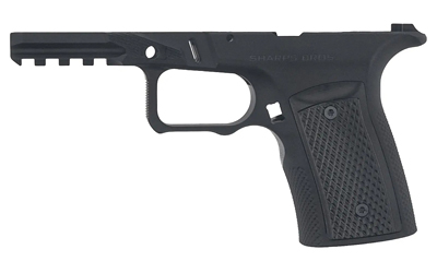 Black polymer handgun frame without slide or barrel