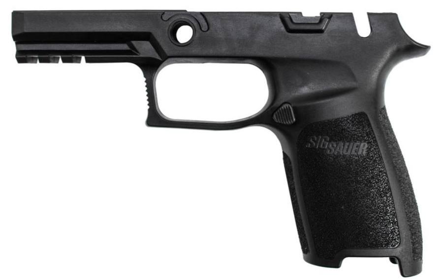 Black handgun frame with textured grip