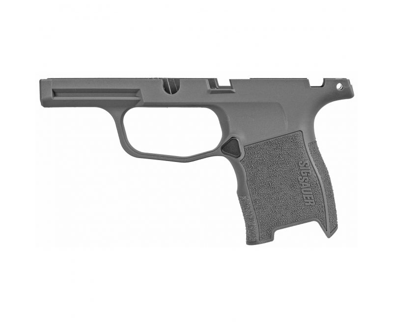 Black polymer handgun frame with textured grip
