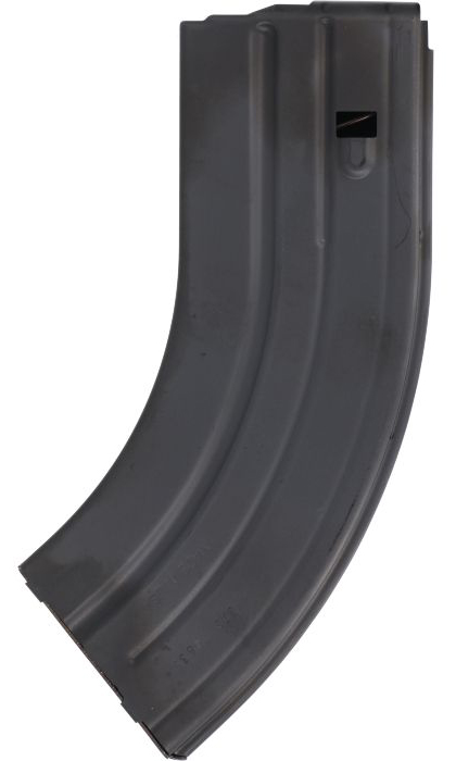 Curved metal rifle magazine on white background