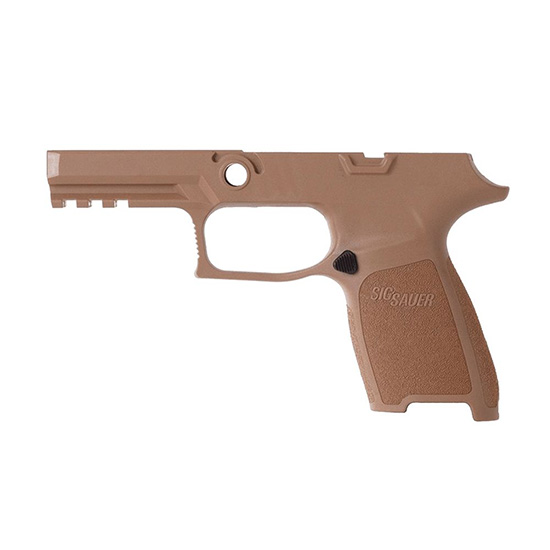 Tan SIG Sauer pistol frame on white background
