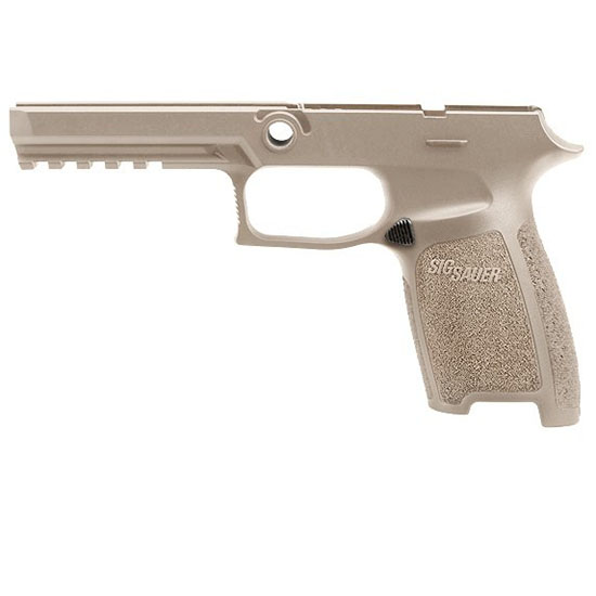 Tan SIG Sauer pistol frame on white background