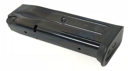 Metal handgun magazine on white background