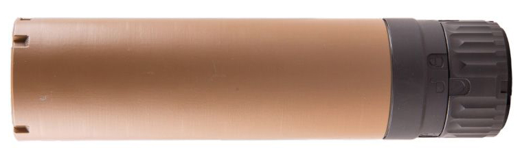 Tan cylindrical firearm suppressor with black end cap