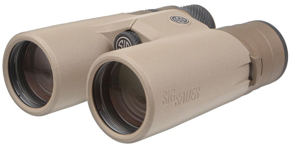 Tan Sig Sauer binoculars on white background