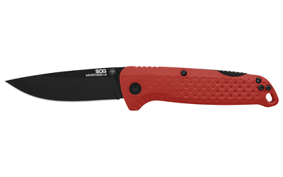 Black folding knife with red textured handle
