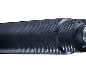 Black cylindrical firearm suppressor with threaded end