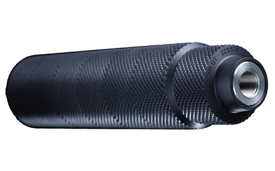 Black cylindrical firearm suppressor with threaded end