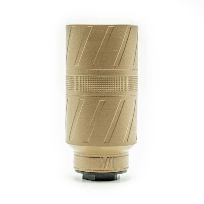 Tan cylindrical metal firearm accessory with textured grip