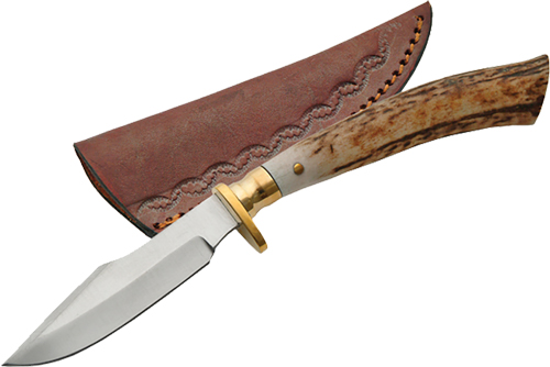 Fixed-blade knife with antler handle and leather sheath