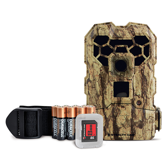 Camouflage trail camera with batteries and accessories