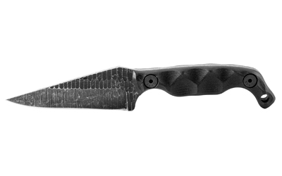 Black fixed-blade knife with textured steel blade