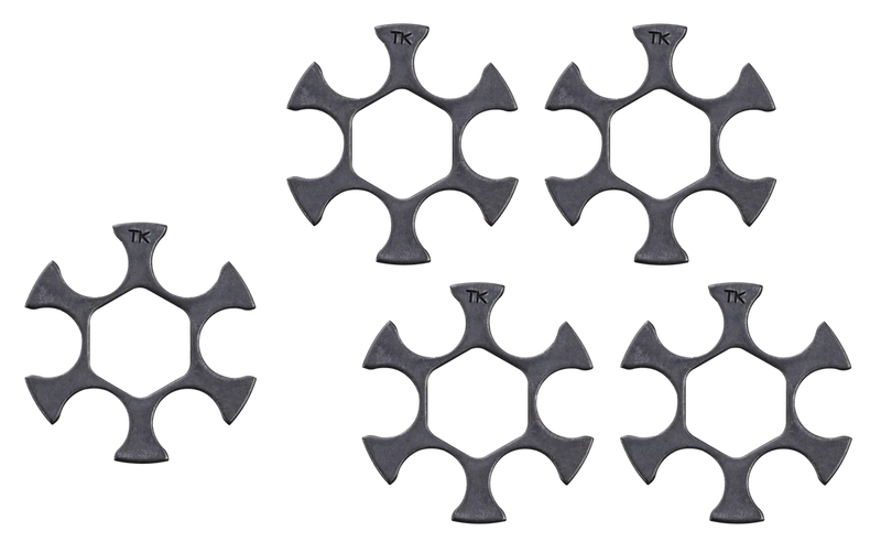 Five dark metal cross-shaped pieces on white background