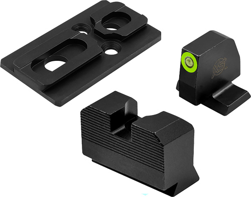 Black metal pistol sight components with green dot