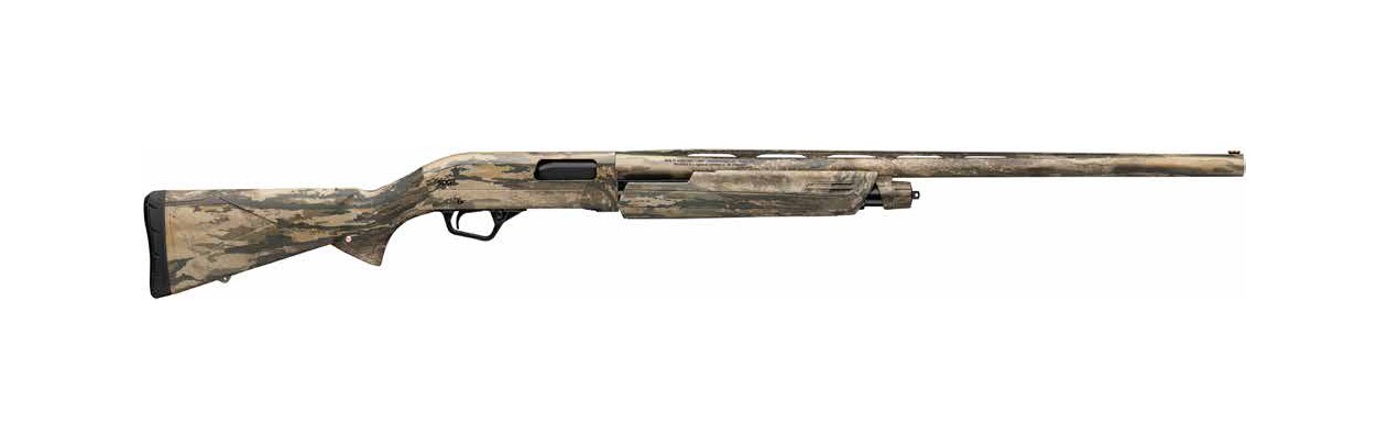 Camouflage pump-action shotgun on white background