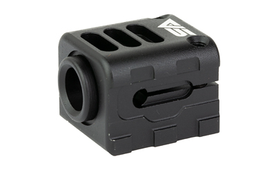 Black metal firearm muzzle brake with side ports