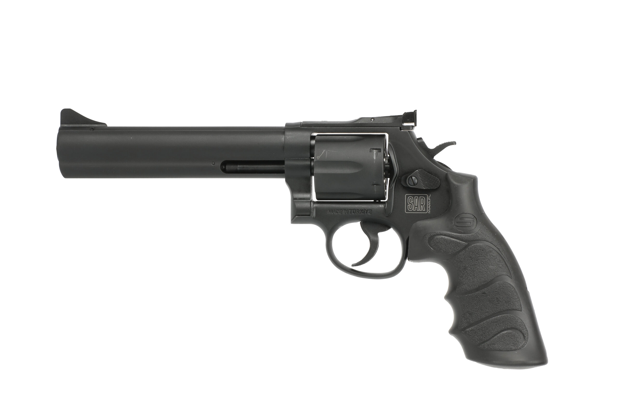 Black revolver handgun isolated on white background