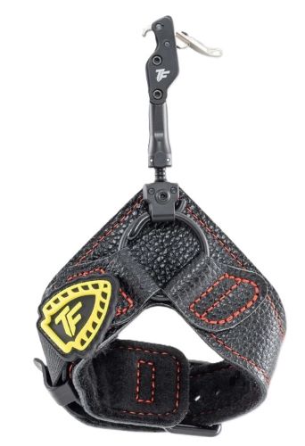 Black leather archery wrist release with yellow logo