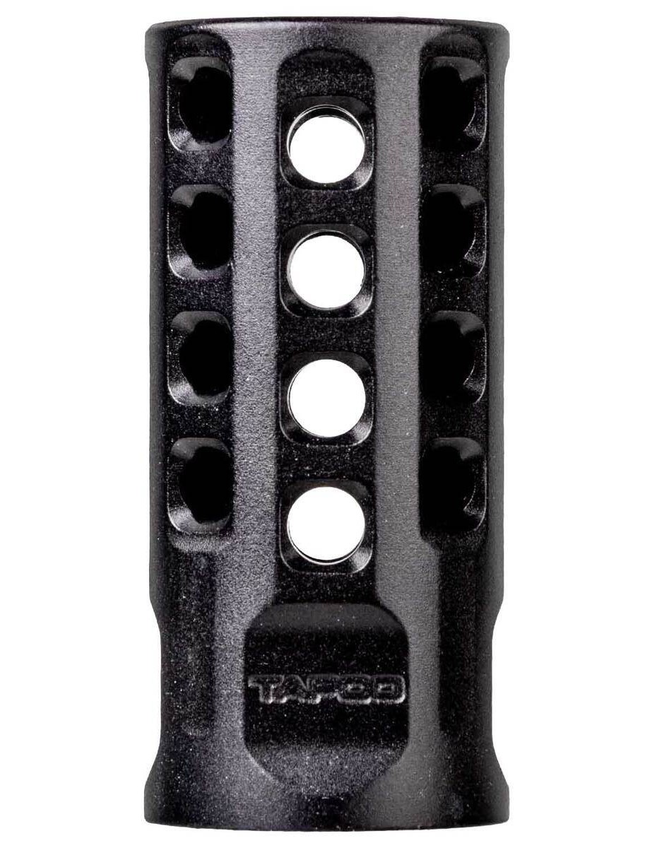 Black cylindrical muzzle brake with multiple side ports