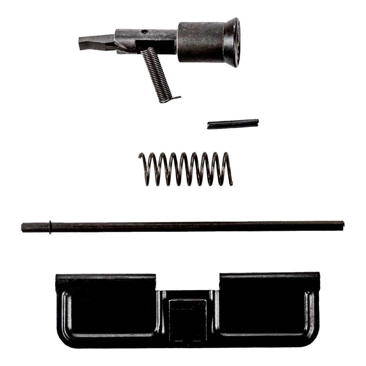 Disassembled firearm components on white background