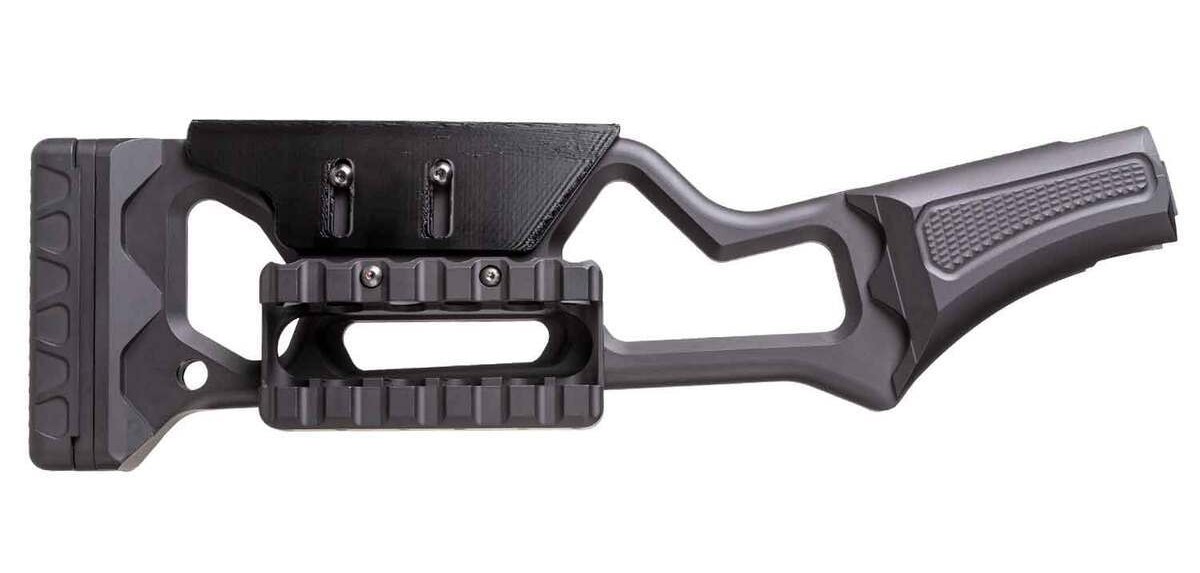 Black tactical rifle stock with adjustable frame