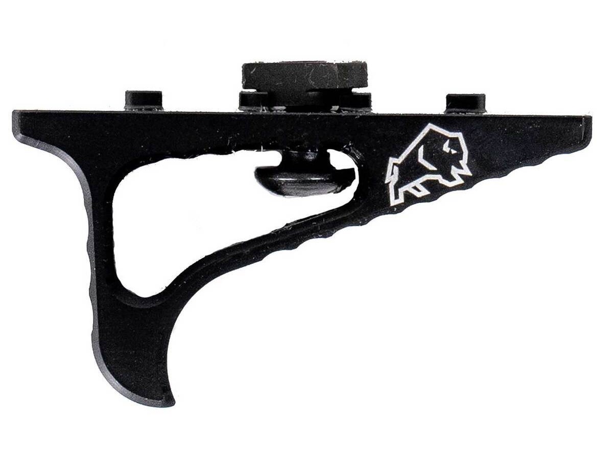 Black angled foregrip firearm accessory with logo