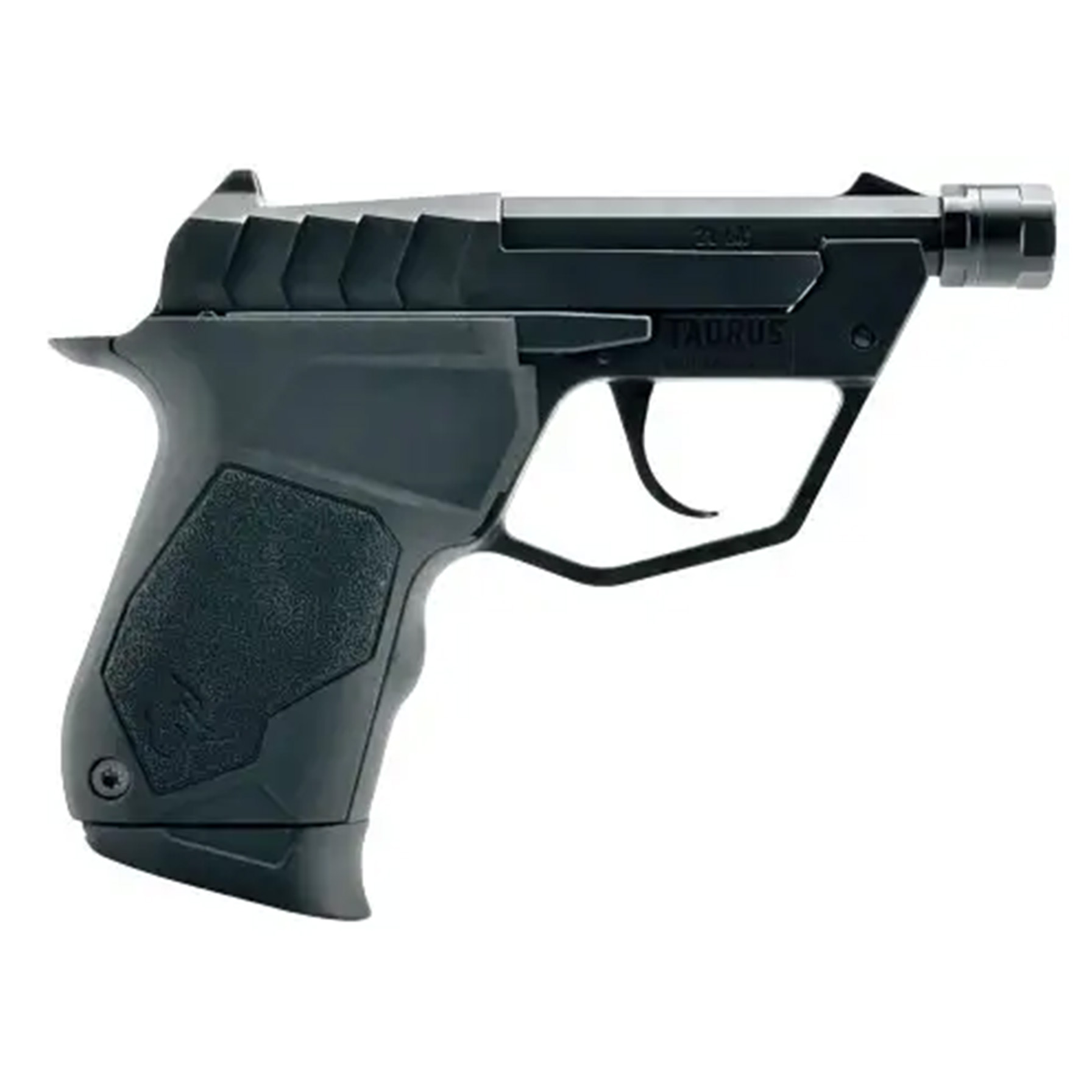 Compact semi-automatic handgun on white background