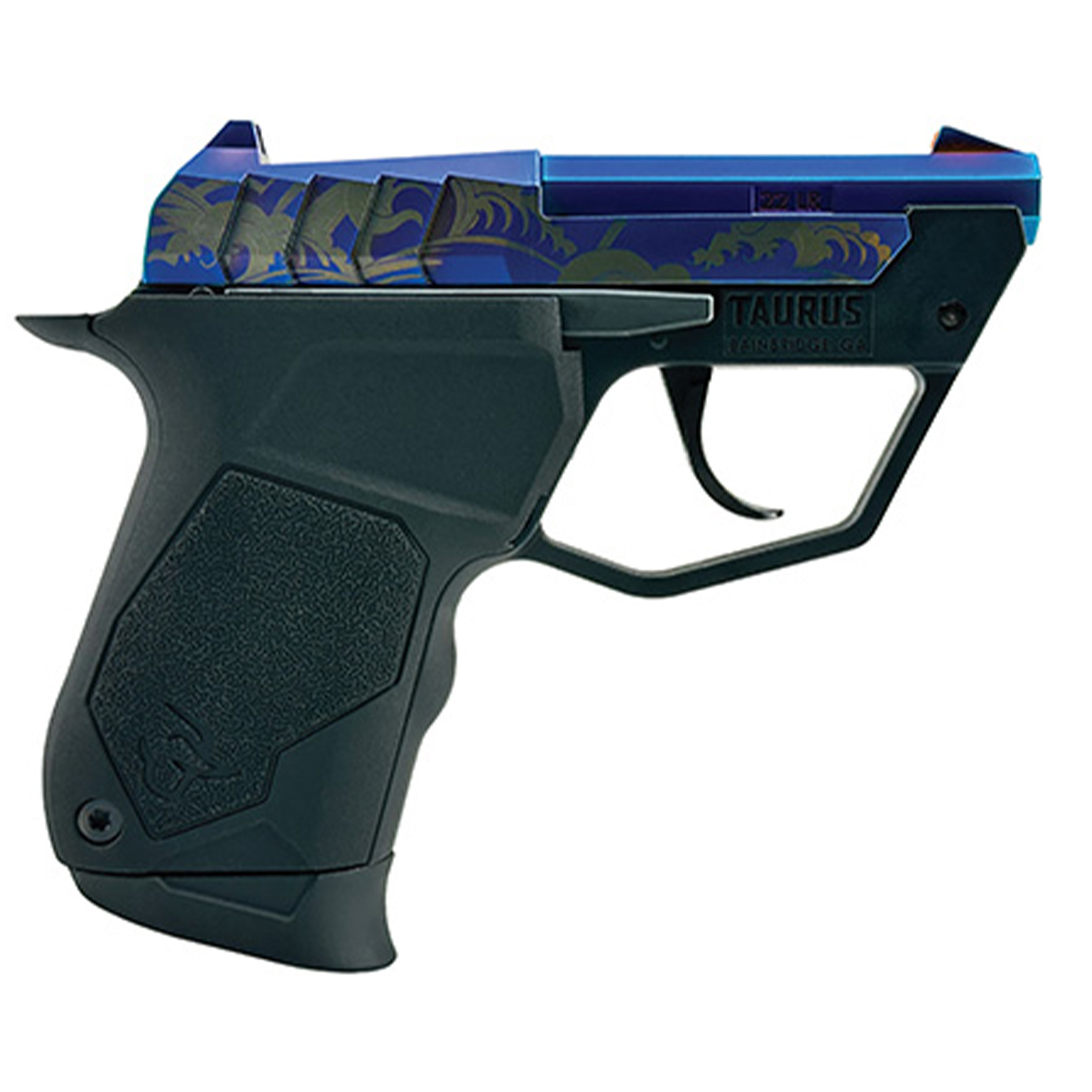 Decorative Taurus semi-automatic pistol with blue slide