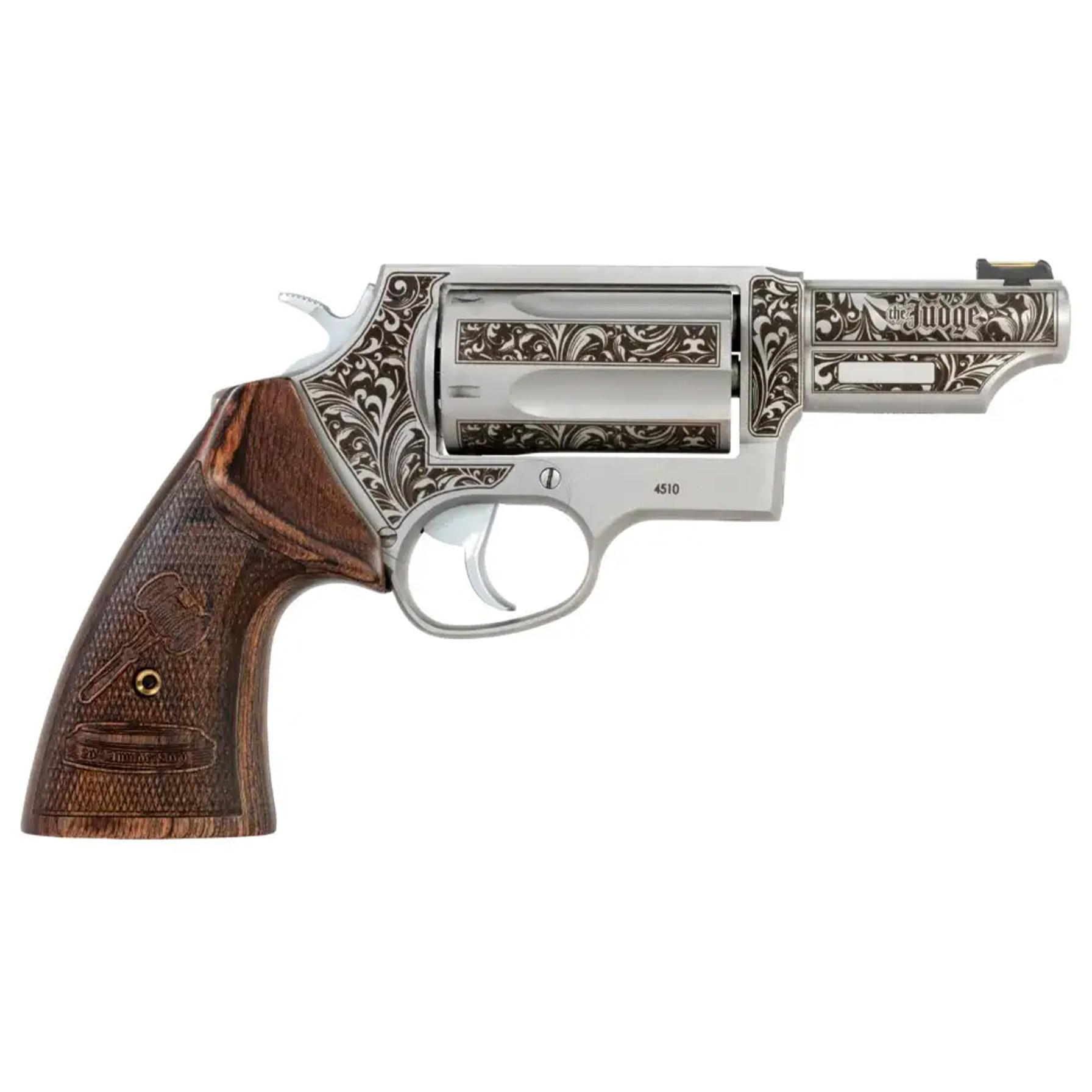 Engraved silver revolver with wooden grip