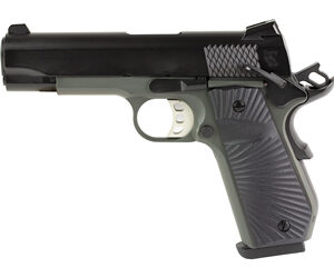Black semi-automatic handgun on white background