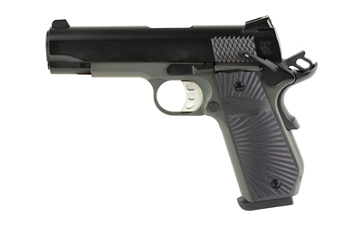 Black semi-automatic handgun on white background