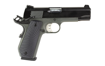 Black and gray semi-automatic handgun on white background