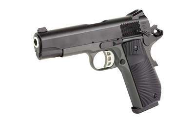 Black semi-automatic handgun isolated on white background
