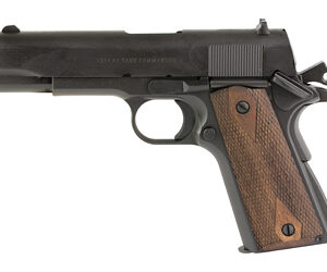 Black semi-automatic pistol with wooden grip