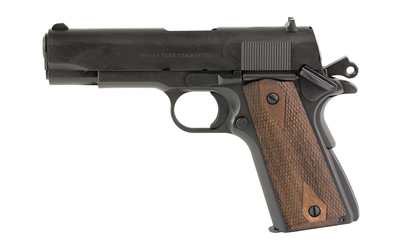 Black semi-automatic pistol with wooden grip