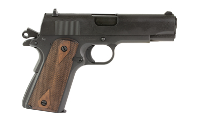 Black semi-automatic pistol with wooden grip