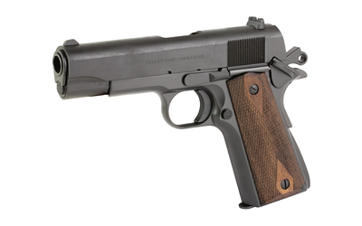 Semi-automatic pistol with wooden grip on white background