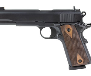 Black semi-automatic pistol with wooden grip
