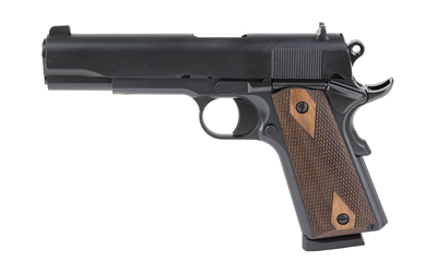 Black semi-automatic pistol with wooden grip