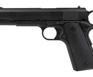 Black semi-automatic handgun on white background
