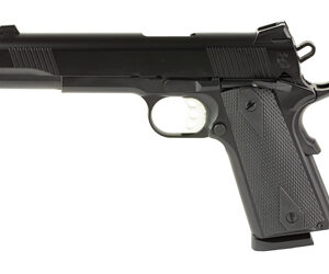 Black semi-automatic handgun on white background