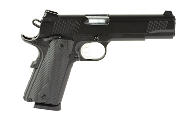 Black semi-automatic handgun on white background