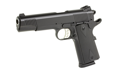 Black semi-automatic handgun on white background