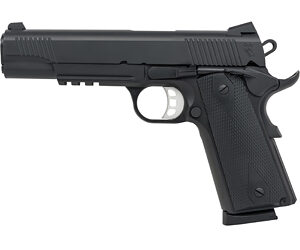 Black semi-automatic handgun on white background