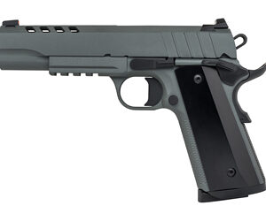 Black semi-automatic handgun on white background