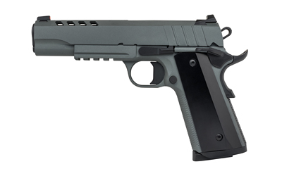 Black semi-automatic handgun on white background
